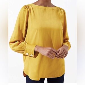 LOFT Mustard Yellow long sleeve top, soft satin, Large petite.